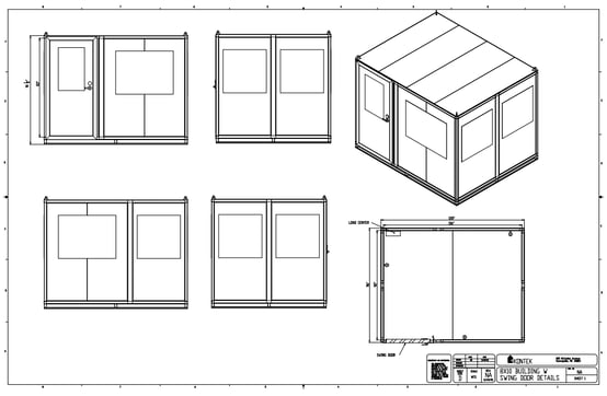 Technical guard booth drawing with swing door, featuring different side views and dimensional specifications from Kontek Industries.