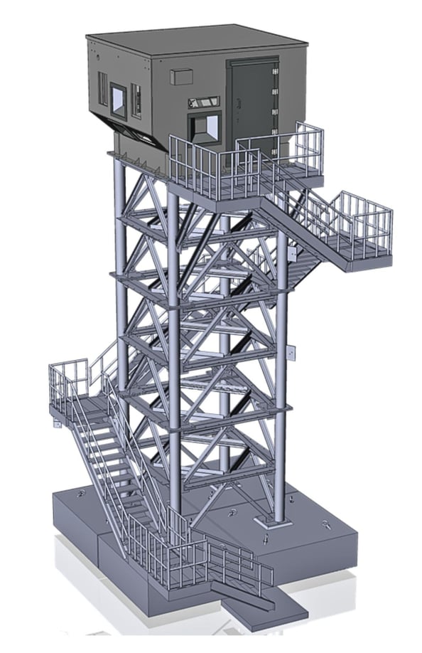 3D-rendered design of a guard tower featuring an elevated ballistic guard shack, pre-cast foundation, and secure access stairs.