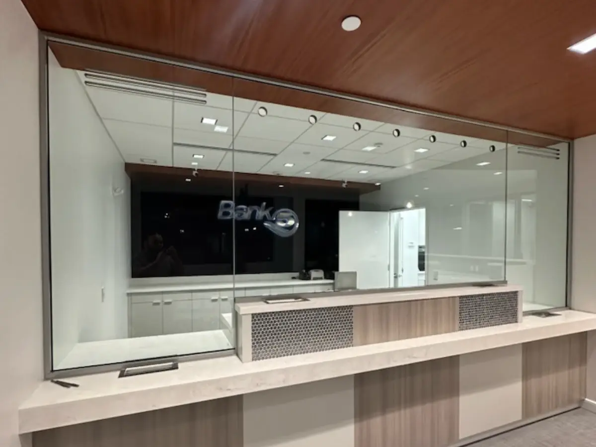 Ballistic glass installed in secure bank transaction window